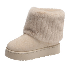 Women's Faux Fur Mid Calf Snow Boots - Round Toe Suede Warm Fur Lined Platform Flat Comfort Outdoor Winter Fashion Boots