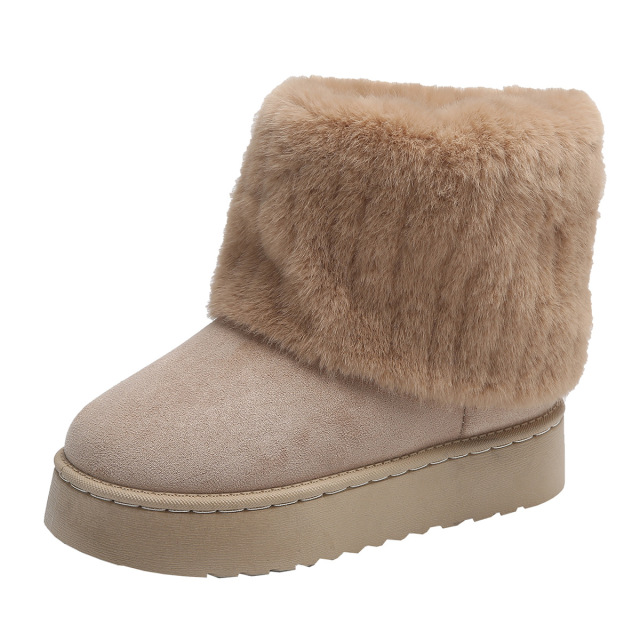 Women's Faux Fur Mid Calf Snow Boots - Round Toe Suede Warm Fur Lined Platform Flat Comfort Outdoor Winter Fashion Boots