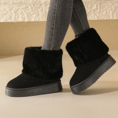 Women's Faux Fur Mid Calf Snow Boots - Round Toe Suede Warm Fur Lined Platform Flat Comfort Outdoor Winter Fashion Boots