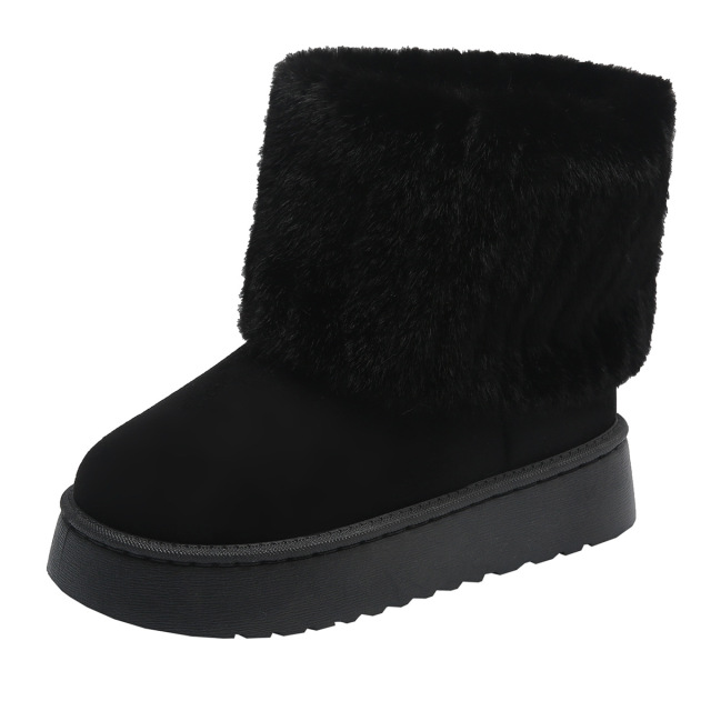 Women's Faux Fur Mid Calf Snow Boots - Round Toe Suede Warm Fur Lined Platform Flat Comfort Outdoor Winter Fashion Boots