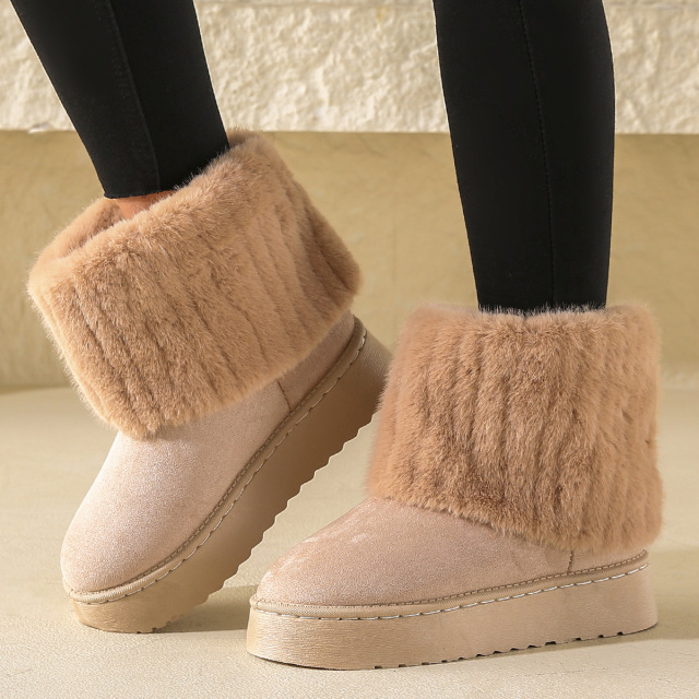 Women's Faux Fur Mid Calf Snow Boots - Round Toe Suede Warm Fur Lined Platform Flat Comfort Outdoor Winter Fashion Boots