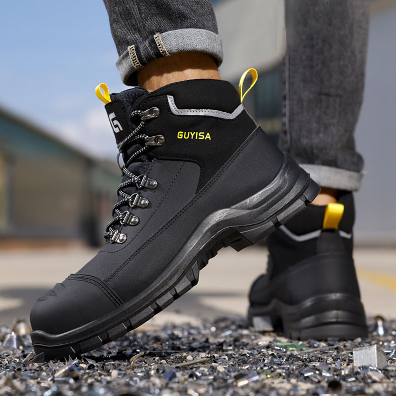 2025 New Men's Leather Upper Construction Site Work Shoes, Puncture-resistant Men's High-quality Mid-to-high-top Safety Shoes