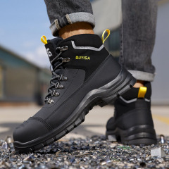 2025 New Men's Leather Upper Construction Site Work Shoes, Puncture-resistant Men's High-quality Mid-to-high-top Safety Shoes