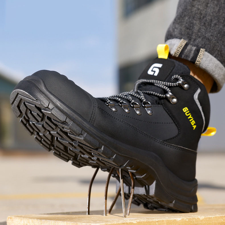 2025 New Men's Leather Upper Construction Site Work Shoes, Puncture-resistant Men's High-quality Mid-to-high-top Safety Shoes