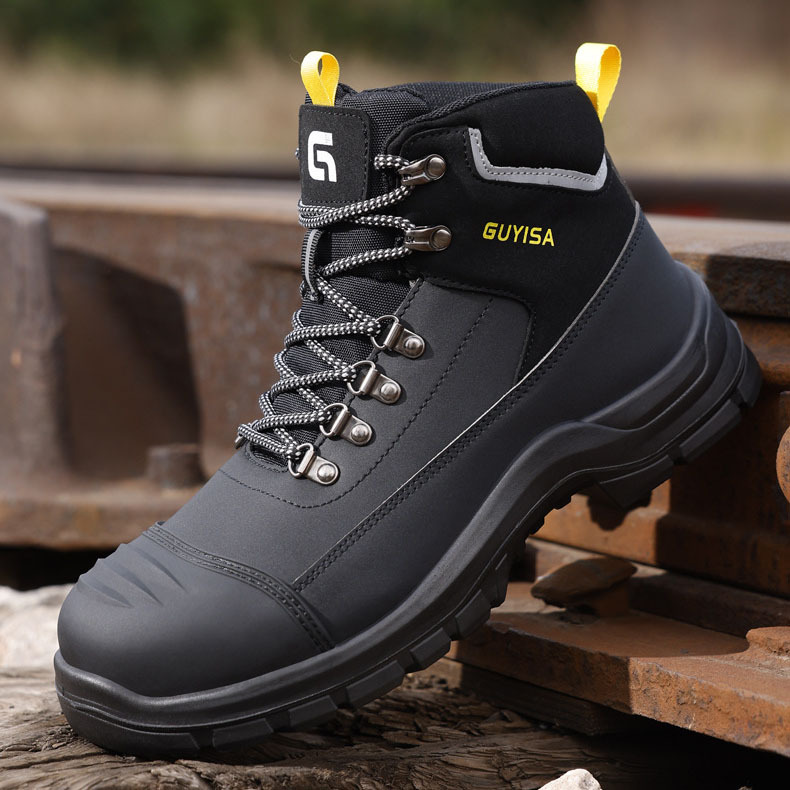 2025 New Men's Leather Upper Construction Site Work Shoes, Puncture-resistant Men's High-quality Mid-to-high-top Safety Shoes
