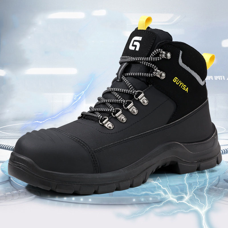 2025 New Men's Leather Upper Construction Site Work Shoes, Puncture-resistant Men's High-quality Mid-to-high-top Safety Shoes