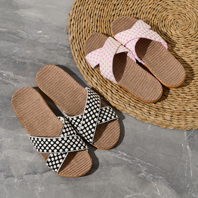 Custom Lady Woman Linen Slippers Sandals Fashion Fish-Mouth Home Slippers Couples Colorful Cross-strap Linen Slippers