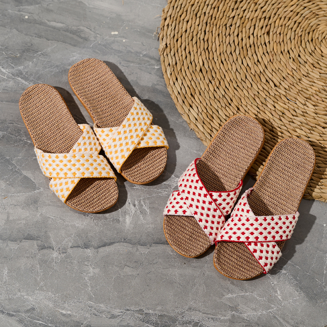 Custom Lady Woman Linen Slippers Sandals Fashion Fish-Mouth Home Slippers Couples Colorful Cross-strap Linen Slippers