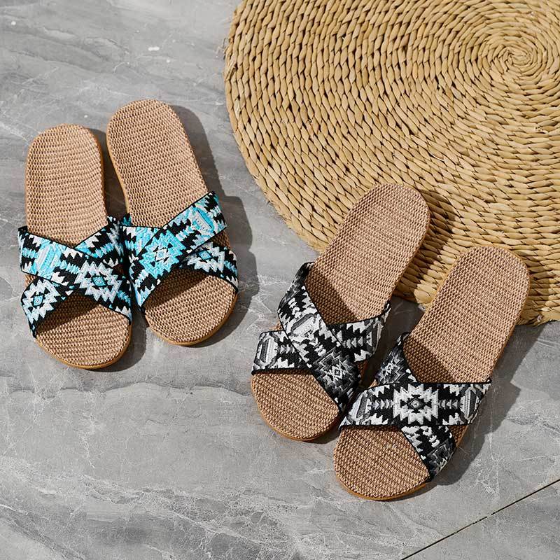 New Model Custom Lady Woman Summer Linen Slippers Fashion Couples Colorful Cross-strap Linen Slippers