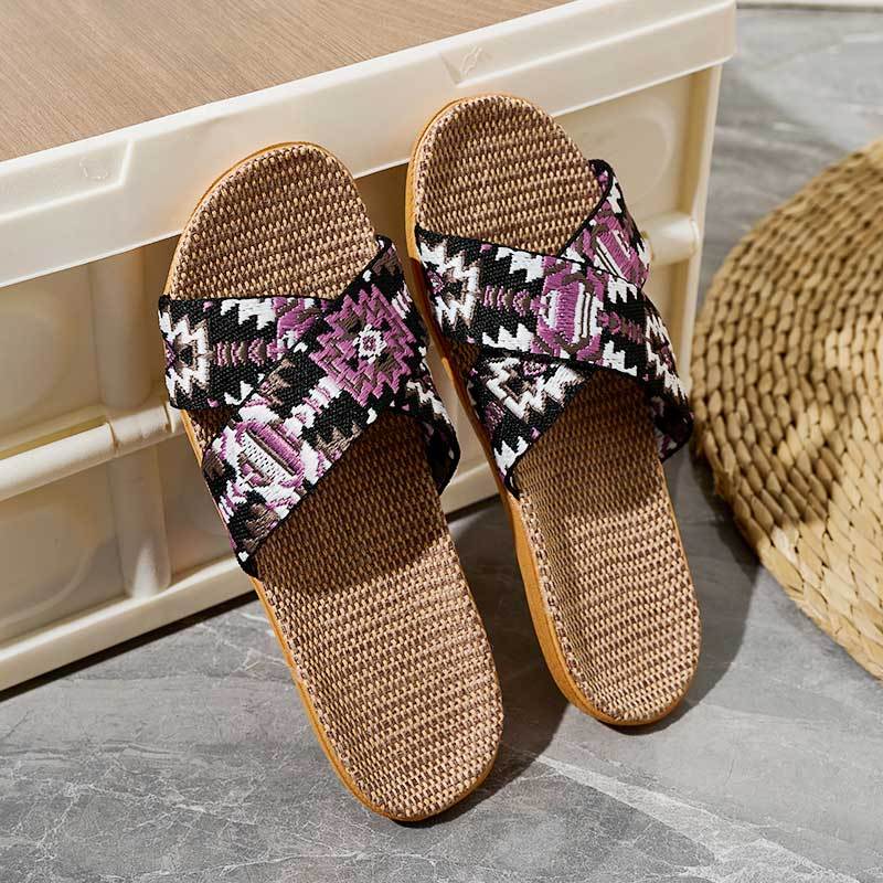 New Model Custom Lady Woman Summer Linen Slippers Fashion Couples Colorful Cross-strap Linen Slippers