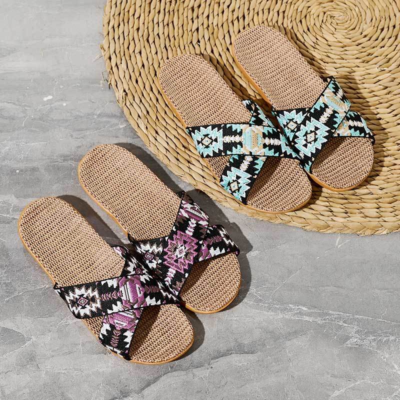 New Model Custom Lady Woman Summer Linen Slippers Fashion Couples Colorful Cross-strap Linen Slippers