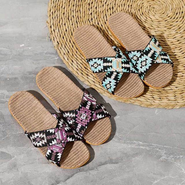 New Model Custom Lady Woman Summer Linen Slippers Fashion Couples Colorful Cross-strap Linen Slippers