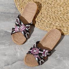 New Model Custom Lady Woman Summer Linen Slippers Fashion Couples Colorful Cross-strap Linen Slippers
