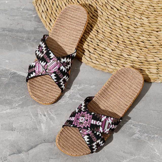 New Model Custom Lady Woman Summer Linen Slippers Fashion Couples Colorful Cross-strap Linen Slippers