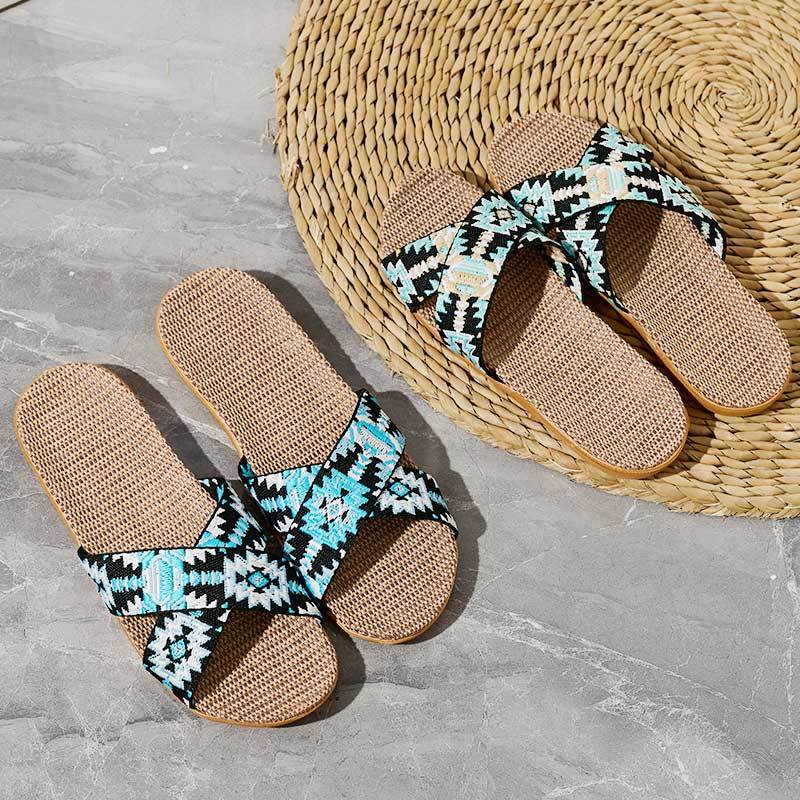 New Model Custom Lady Woman Summer Linen Slippers Fashion Couples Colorful Cross-strap Linen Slippers