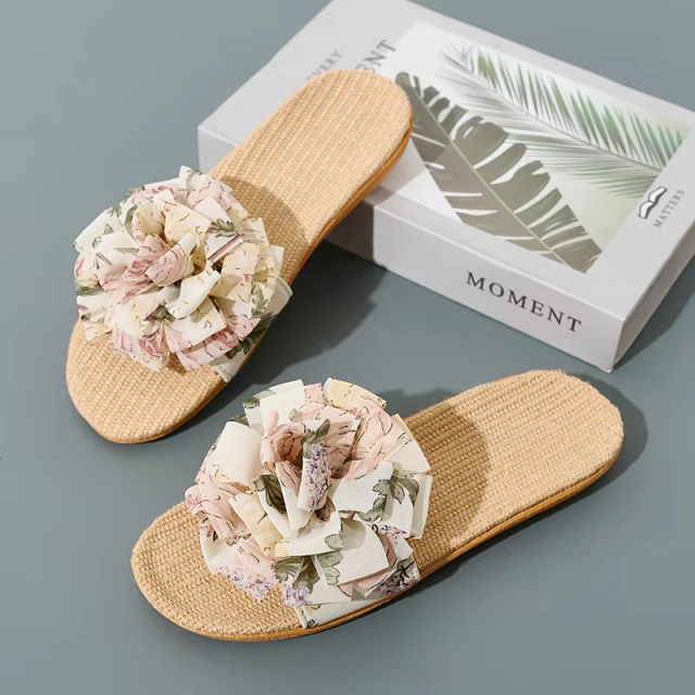 Wholesale Summer Sandals Women's Fashion Beach Slippers Comfortable Sweat Absorbing Bowknot Linen Slippers