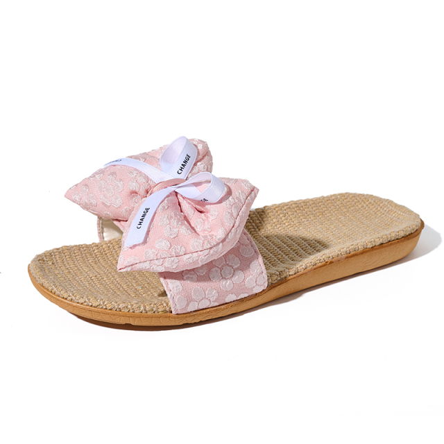 Custom Summer Women's Fashion Beach Lace Bow Slippers Comfortable Lightweight Bowknot Linen Slippers
