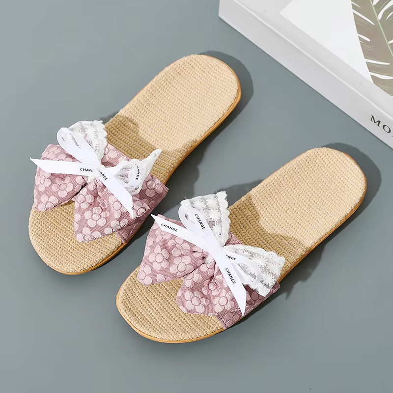 Custom Summer Women's Fashion Beach Lace Bow Slippers Comfortable Lightweight Bowknot Linen Slippers