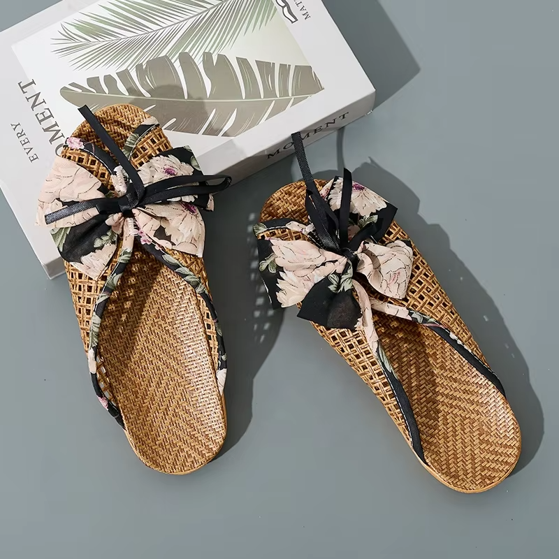 Breathable Women's Linen Slippers Bow Decor Espadrille Style Korean Home Slippers Wholesale Non-Slip Summer House Shoes