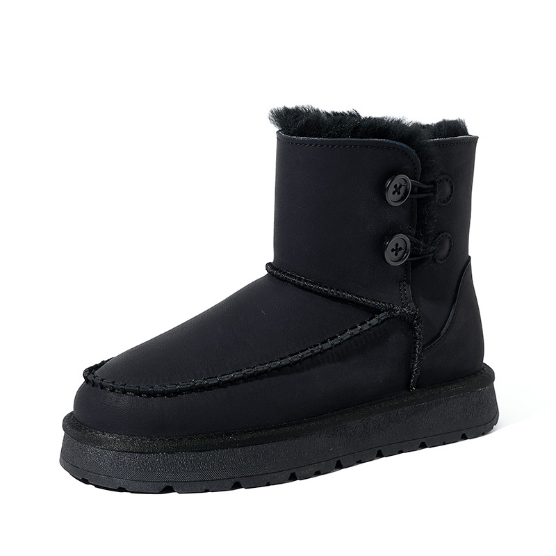 Wholesale Men's Double Button Snow Boots 39-45 Large Size Leather Warm Winter Boots Non-Slip Thick Sole Casual Outdoor Footwear