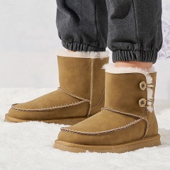 Wholesale Men's Double Button Snow Boots 39-45 Large Size Leather Warm Winter Boots Non-Slip Thick Sole Casual Outdoor Footwear