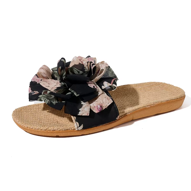 Wholesale Summer Sandals Women's Fashion Beach Slippers Comfortable Sweat Absorbing Bowknot Linen Slippers