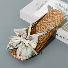 Breathable Women's Linen Slippers Bow Decor Espadrille Style Korean Home Slippers Wholesale Non-Slip Summer House Shoes