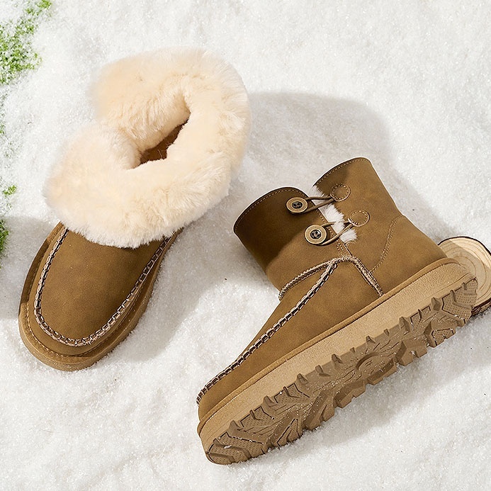 Wholesale Men's Double Button Snow Boots 39-45 Large Size Leather Warm Winter Boots Non-Slip Thick Sole Casual Outdoor Footwear