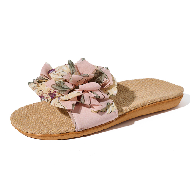 Wholesale Summer Sandals Women's Fashion Beach Slippers Comfortable Sweat Absorbing Bowknot Linen Slippers