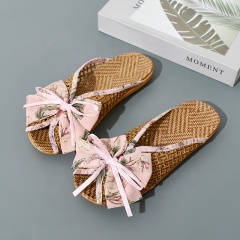 Breathable Women's Linen Slippers Bow Decor Espadrille Style Korean Home Slippers Wholesale Non-Slip Summer House Shoes