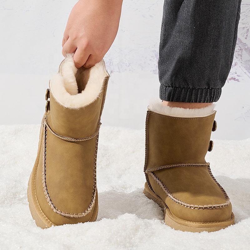 Wholesale Men's Double Button Snow Boots 39-45 Large Size Leather Warm Winter Boots Non-Slip Thick Sole Casual Outdoor Footwear