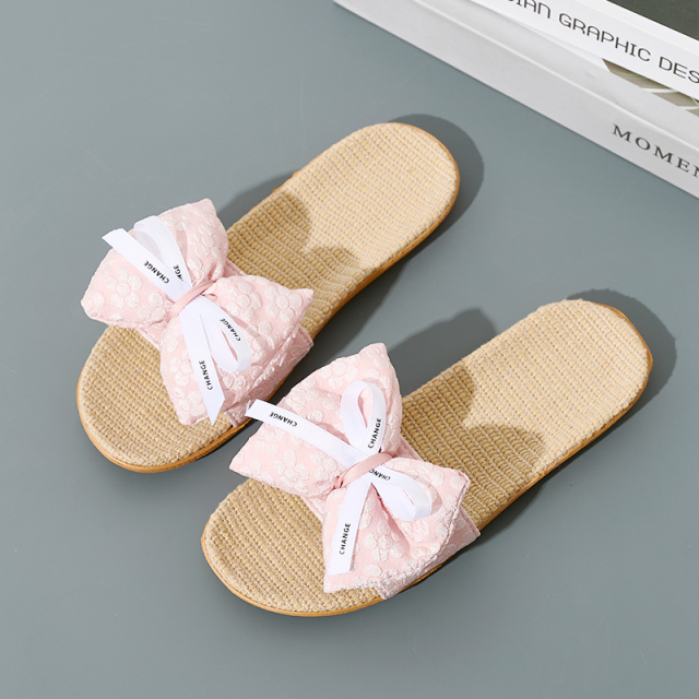 Custom Summer Women's Fashion Beach Lace Bow Slippers Comfortable Lightweight Bowknot Linen Slippers