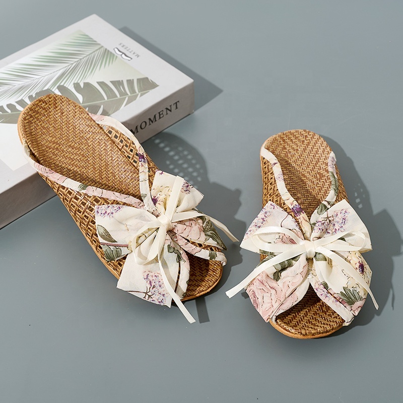Breathable Women's Linen Slippers Bow Decor Espadrille Style Korean Home Slippers Wholesale Non-Slip Summer House Shoes