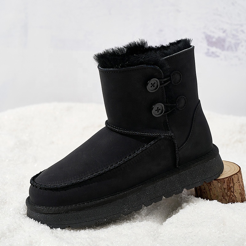 Wholesale Men's Double Button Snow Boots 39-45 Large Size Leather Warm Winter Boots Non-Slip Thick Sole Casual Outdoor Footwear