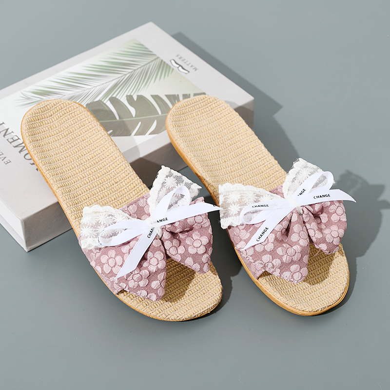 Custom Summer Women's Fashion Beach Lace Bow Slippers Comfortable Lightweight Bowknot Linen Slippers