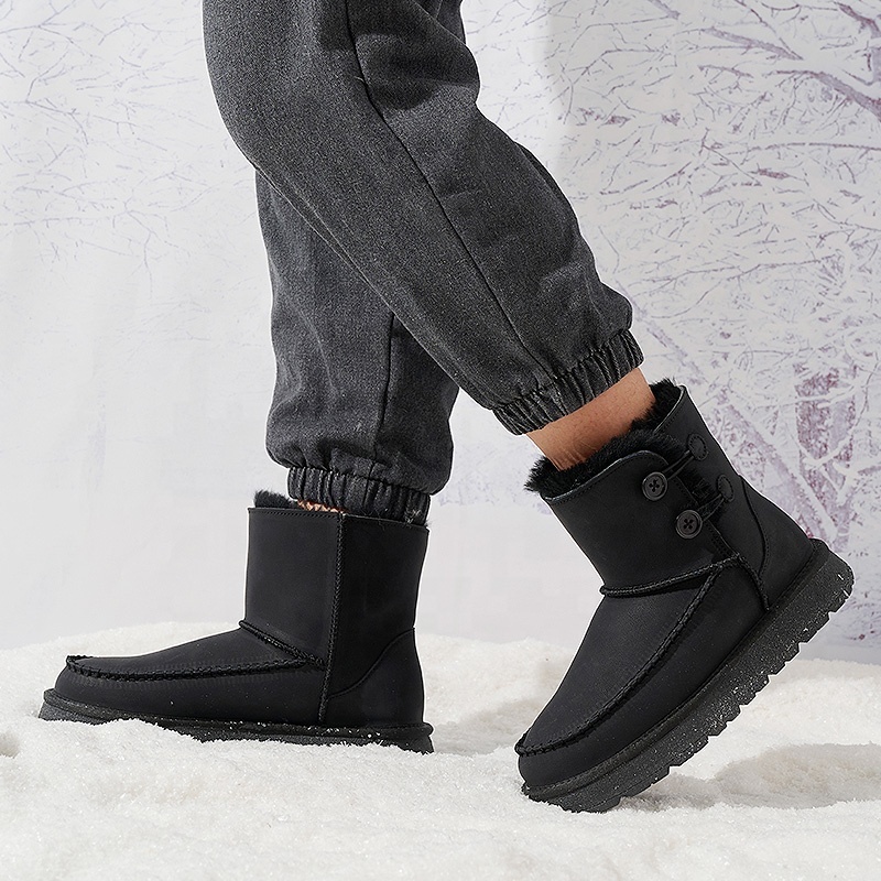 Wholesale Men's Double Button Snow Boots 39-45 Large Size Leather Warm Winter Boots Non-Slip Thick Sole Casual Outdoor Footwear