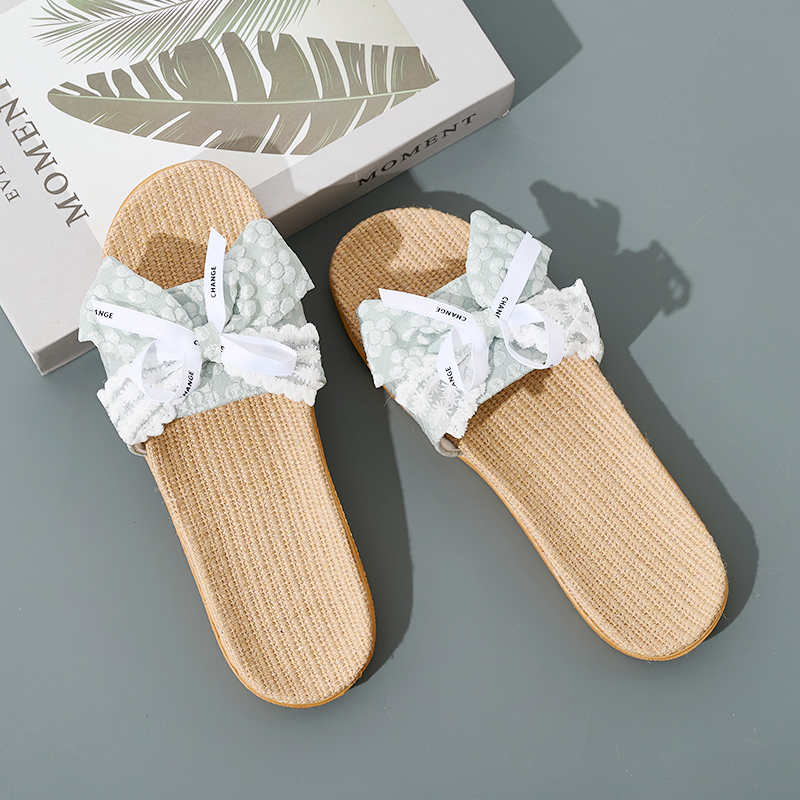 Custom Summer Women's Fashion Beach Lace Bow Slippers Comfortable Lightweight Bowknot Linen Slippers
