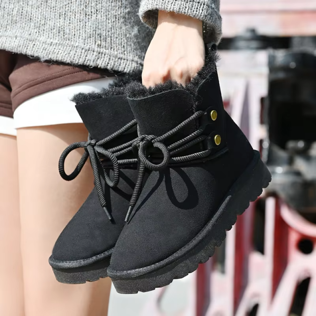 Winter Suede Lace-Up Anti Slip Snow Boots Fashionable Round Toe Thick Sole with Plush Comfortable Casual Women's Boots