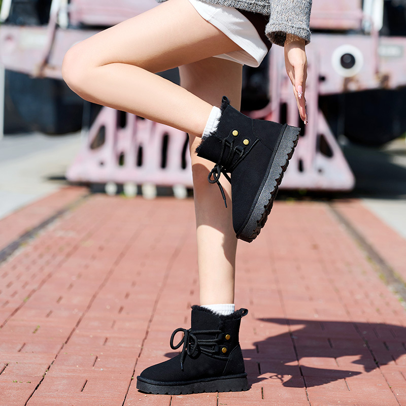Winter Suede Lace-Up Anti Slip Snow Boots Fashionable Round Toe Thick Sole with Plush Comfortable Casual Women's Boots