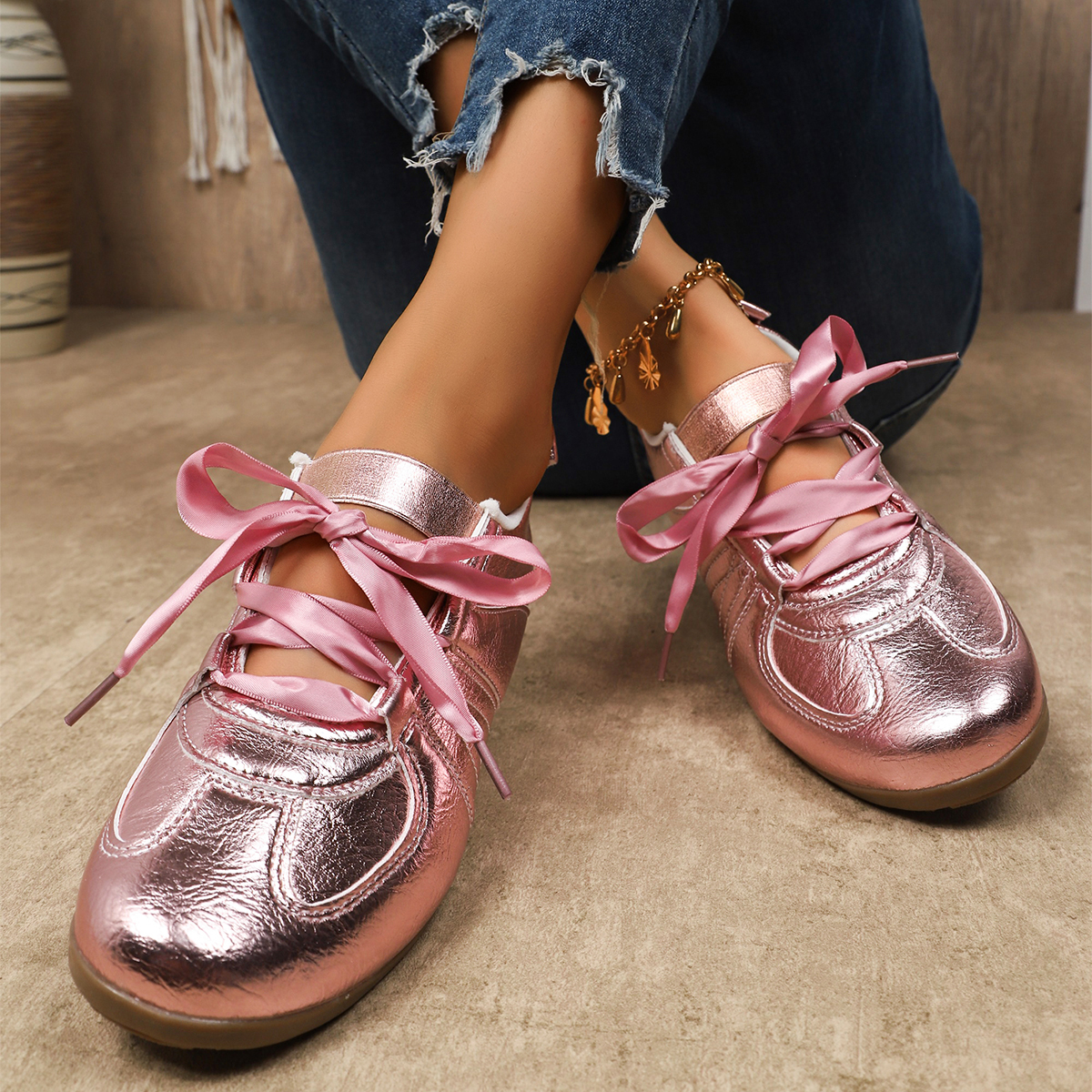 Bairuilun Women's Luxury Outdoor Golden Flat Ribbons Sneakers Fashion Women Pink Satin Casual Walking Shoes