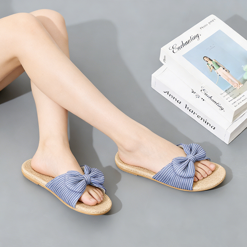 Summer Cool Summer Linen Bow Indoor Slippers Odor-Resistant Lightweight House Shoes Linen Slippers for Bedroom