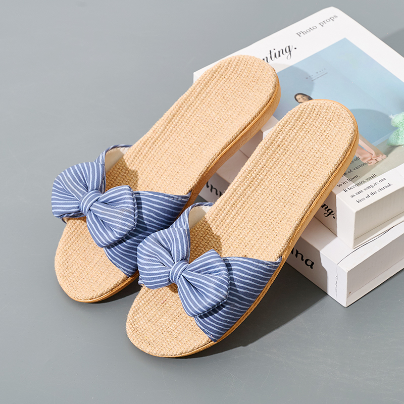 Summer Cool Summer Linen Bow Indoor Slippers Odor-Resistant Lightweight House Shoes Linen Slippers for Bedroom