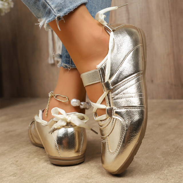 Bairuilun Women's Luxury Outdoor Golden Flat Ribbons Sneakers Fashion Women Pink Satin Casual Walking Shoes