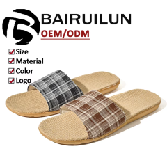 Custom Summer Lightweight Healthy Linen Minimalist Design Slippers Wholesale Comfortable Floor Plaid Bedroom Slippers