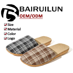 Custom Summer Round Toe Healthy Linen Minimalist Design Slippers Wholesale Comfortable Floor Plaid Bedroom Slippers