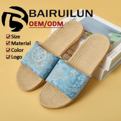 Custom Summer Ethnic Style Flowers Pattern Linen Slippers Wholesale Comfortable Minimalist Design Silent Slippers