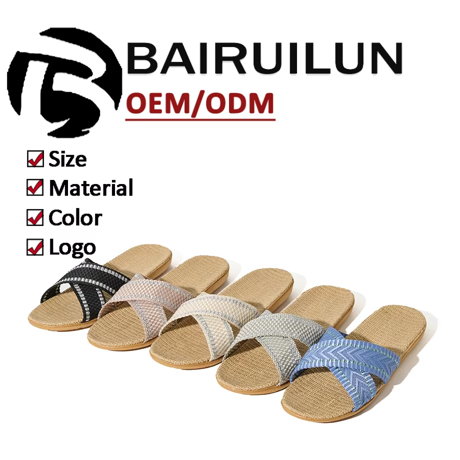 BAIRUILUN Manufacturer Supplies Summer Silent Indoor Linen Slippers for EVA Outsole Breathable Sweat-Absorbent Home Use Slippers