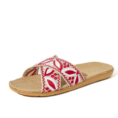 BAIRUILUN Manufacturer Cross Strap Ethnic Style Embroidery New Open Toe Printed Summer Design Natural Linen for Slippers