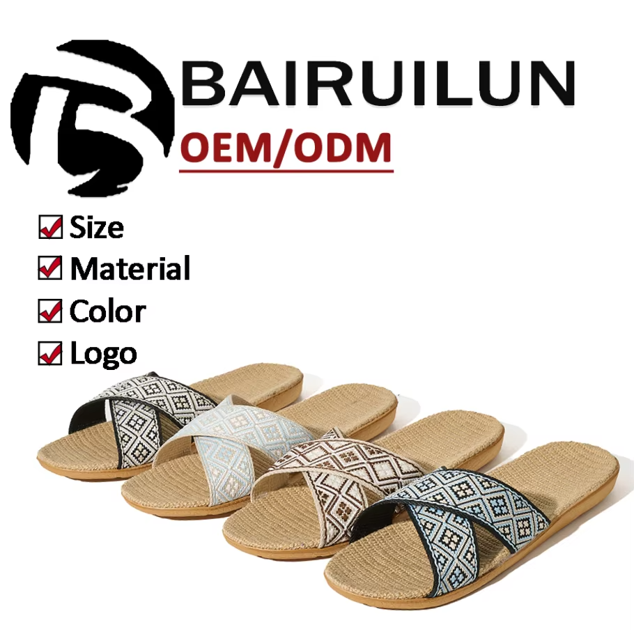 BAIRUILUN Manufacturer Cross Strap Ethnic Style Embroidery New Open Toe Printed Summer Design Natural Linen for Slippers