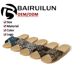 New Arrival Linen Slippers Female Spring Autumn Slippers Custom Indoor Hotel Leopard Print Cool Breathable Linen Slippers